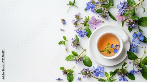 Top view of herbal tea in a cup made with lungwort or pulmonaria flower and decorated with flowers with space for text or product, Generative AI.