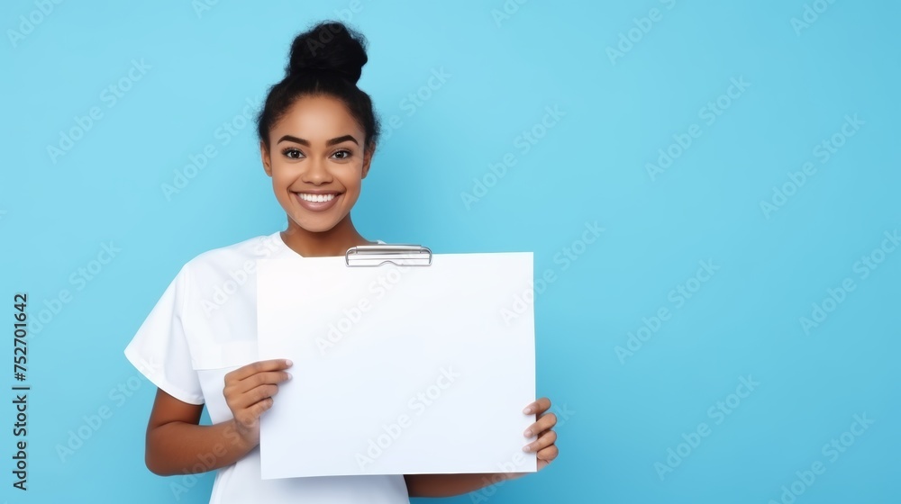 Young woman holding a clipboard with blank paper. Young woman holding a clipboard with blank paper.