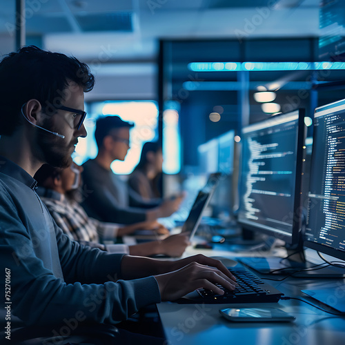 A depiction of a group of software developers programming, working together, and evaluating applications within a contemporary development setting.