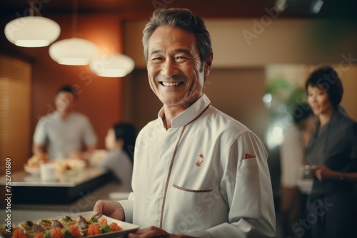 Senior Japanese chef presenting sushi  traditional cuisine  hospitality
