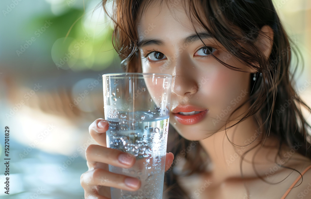 A healthy Asian woman is drinking a glass of clean water on a soft bokeh background.