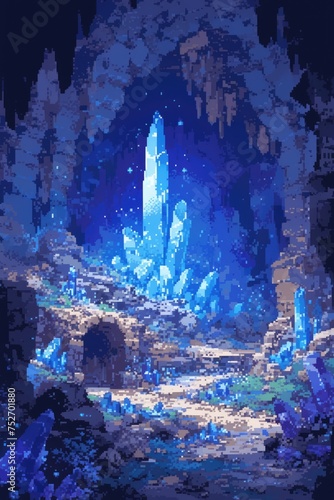 Beautiful mystical landscape with a crystal waterfall and a beautiful cave with crystall background in pixel art style