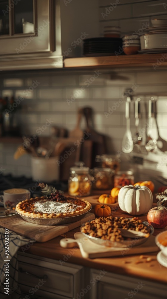 A kitchen scene with a thanksgiving dinner. The counter is filled with ingredients for the meal pumpkins, apples. and baking, capturing effort that goes into the meal.