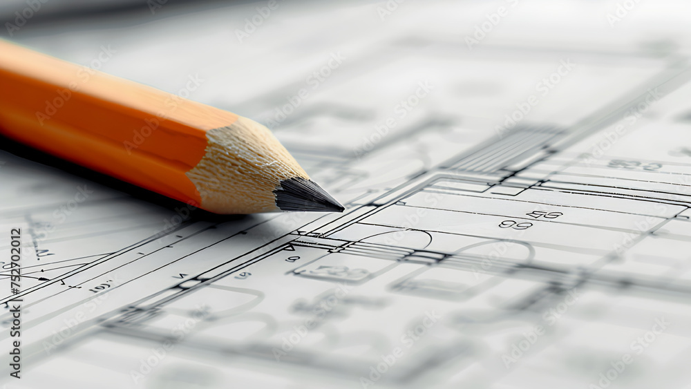 Closeup of pencil on blueprint paper. Closeup of pencil on blueprint paper.