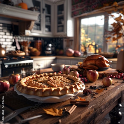 A kitchen scene with a thanksgiving dinner. The counter is filled with ingredients for the meal pumpkins, apples. and baking, capturing effort that goes into the meal.