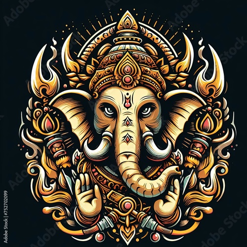 Wallpaper Mural GODDESS GANESHA head vector illustration design on dark background, T-Shirt Design template Torontodigital.ca