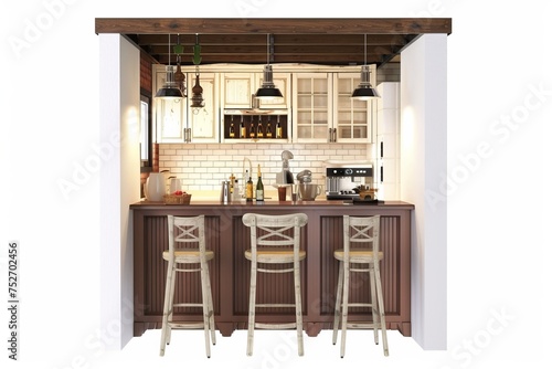 Cozy cottage-style kitchen and bar with vintage decor and a cozy breakfast nook, on isolated white background, Generative AI