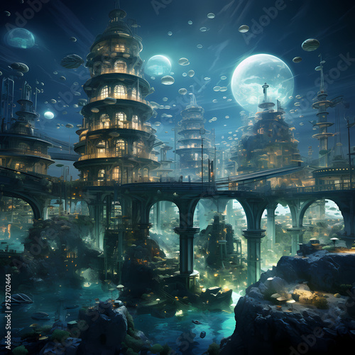 Underwater city with transparent domes and marine life