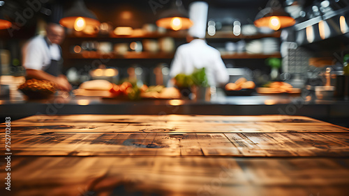 Empty wooden table with chef cooking in restaurant kitchen background. © Cimutimut