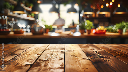 Empty wooden table with chef cooking in restaurant kitchen background. © Cimutimut