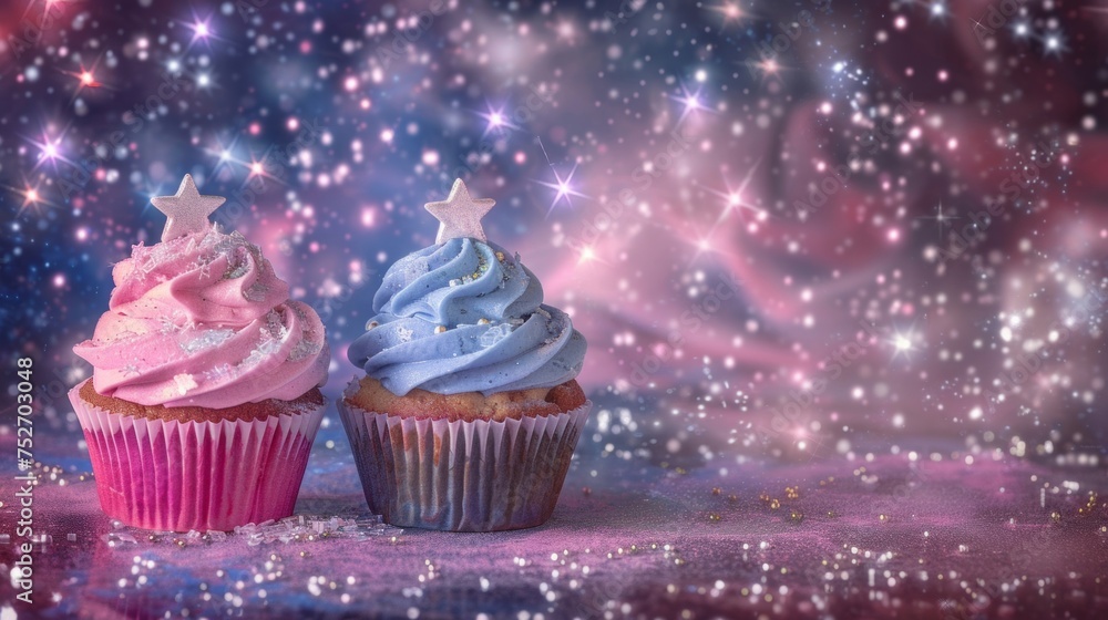 Two cupcakes with sparkling pink and blue frosting under a whimsical starry background, perfect for a magical celebration. Two cupcakes with sparkling pink and blue frosting under a whimsical starry background, perfect for a magical celebration.
