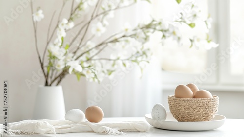 Easter table decor with eggs and spring branches with simple elements