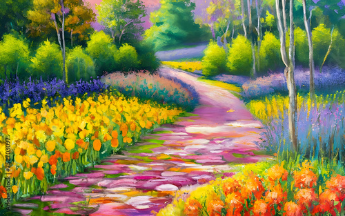 Pretty Field of flowers nature painting illustration
