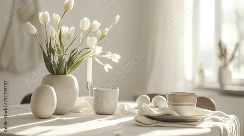 Easter simple table decor with eggs and fresh spring white flowers tulips. Happy Easter day