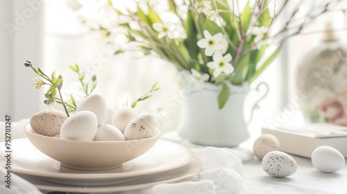 White light Easter table decor with Easter eggs and spring flowers on vase