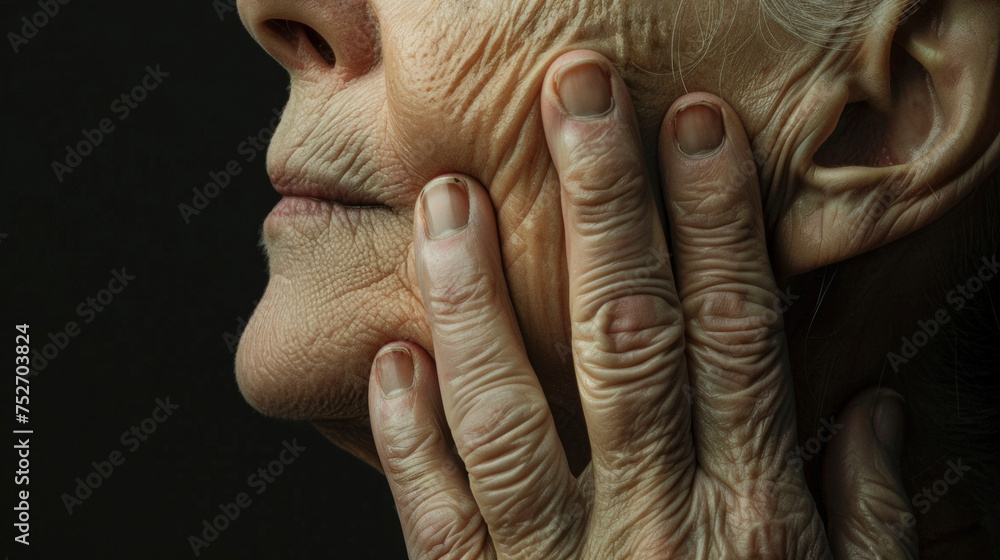 A wrinkled pair of hands massaging a tense jawline reflecting the traditional practice of face reflexology. A wrinkled pair of hands massaging a tense jawline reflecting the traditional practice of face reflexology.