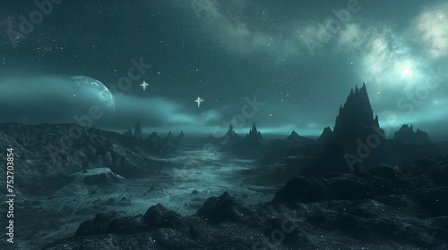 Starry night sky over a vast, mysterious alien landscape.