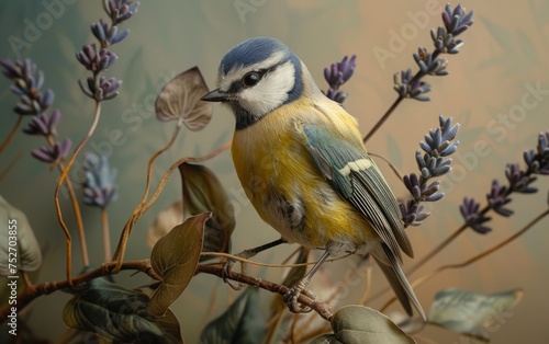 Blue Tit Bird Elegant on Lavender Stem