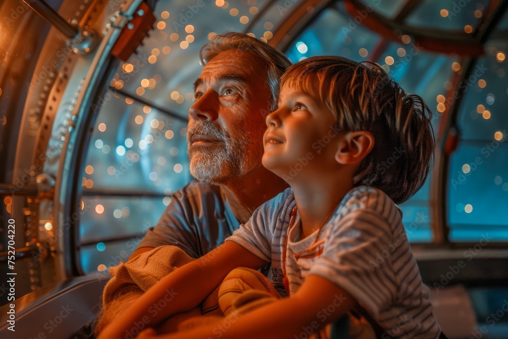 Fototapeta premium Senior Man and Young Boy Marveling Together Indoors with Ambient Lights