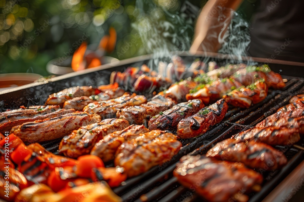 Naklejka premium Summer Barbecue Party with Friends - Delicious Grilled Meat and Vegetables on a Warm Evening