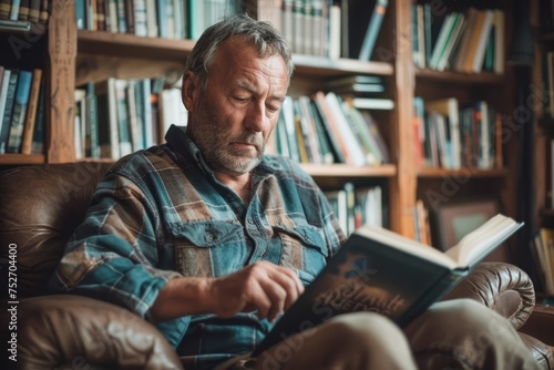 Senior Man in a Cozy Library Room Reading a Book with Intense Focus and Concentration