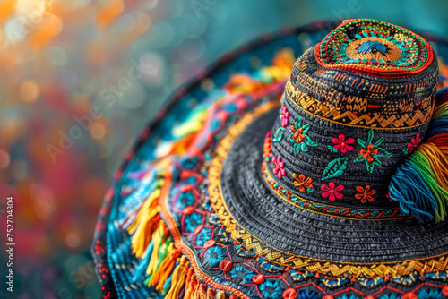 Close-up of a beautifully embroidered Mexican sombrero with vibrant threads and patterns, placed against a festive, bokeh light background. © Tonton54