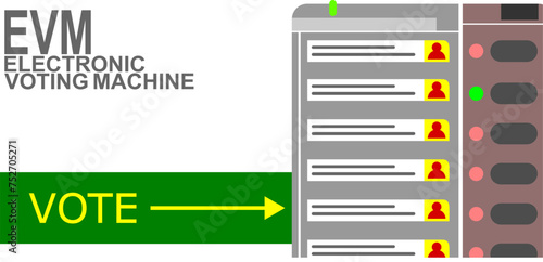 Electronic Voting Machine (EVM) design isolated on a white background with word VOTE written.  It is a device used to electronically record and count votes cast in elections.