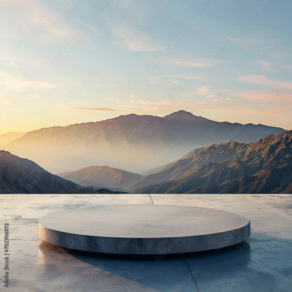 Concrete Stage with Mountain Backdrop at Sunrise