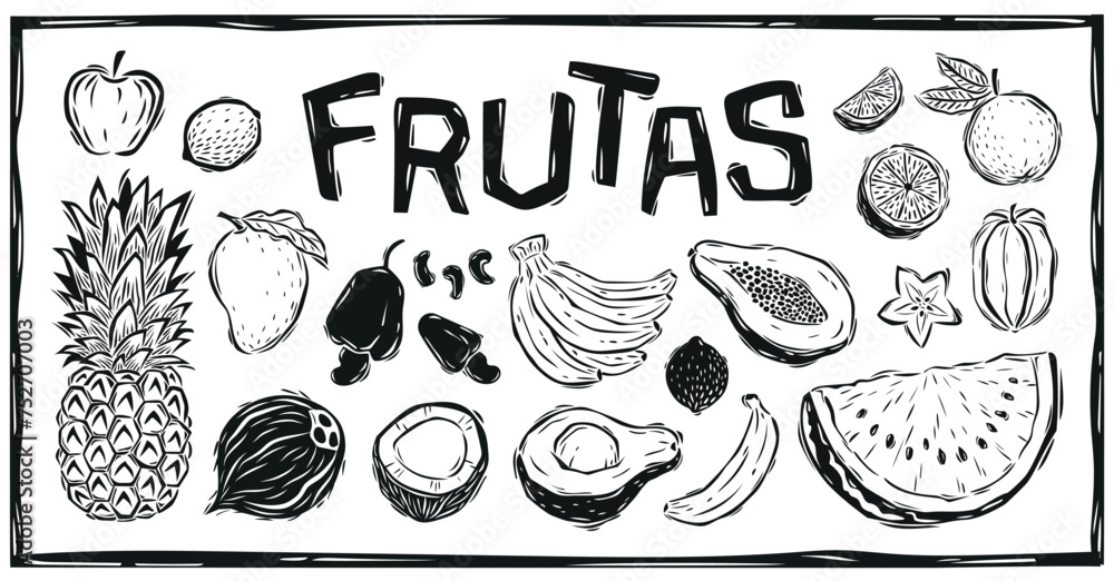 Collection Brazilian fruits hand-drawn in cordel style. Vector illustration.