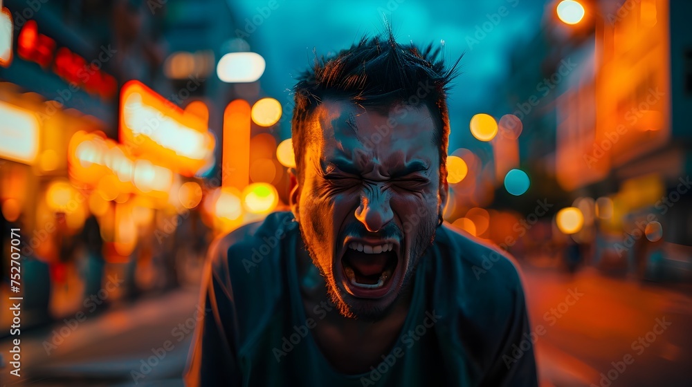 Angry Man Shouting in City Night Scene