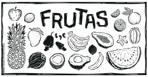 Collection Brazilian fruits hand-drawn in cordel style. Vector illustration.