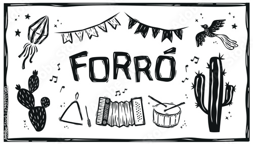 Set of Forró do Cangaço icons from northeastern Brazil. Cordel style illustration