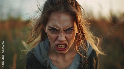Angry Woman in Hikecore Style with Defiant Stance and Knife photo