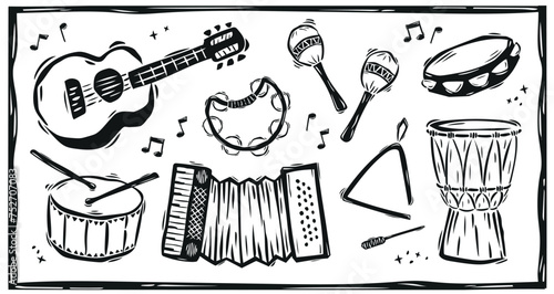 Set of musical instruments typical of northeastern Brazil. Cordel woodcut style illustration