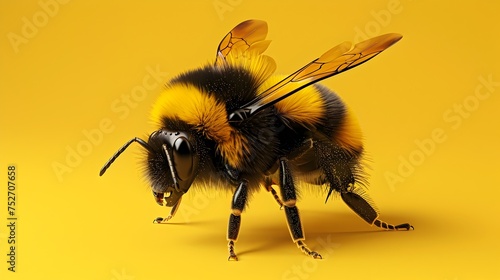 Realistic Bee on Yellow Background in Vray Tracing Style