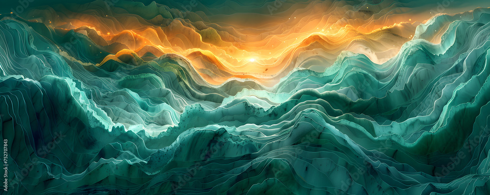 An abstract mountain design with a neon glow that creates a sense of fantasy and futuristic landscapes, beautiful organic nature landscape at sunset
