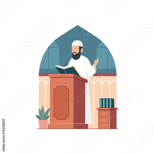 Imam Muslim giving a talk speech standing behind pulpit. Islamic concept vector illustration