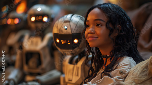Attractive young African woman being kept company by robots, artificial intelligence taking over concept, robots replacing humans