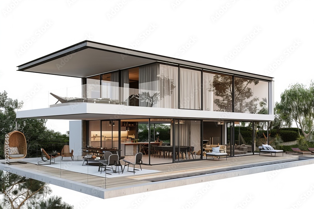 Coastal contemporary villa with floor-to-ceiling sliding glass doors that open onto a spacious terrace, blurring the lines between indoor and outdoor living, on isolated white background, Generative A