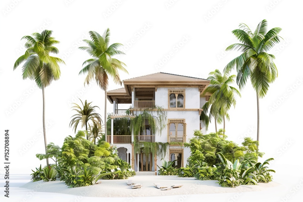 Elegant coastal retreat with a private beach access and lush tropical landscaping, on isolated white background, Generative AI