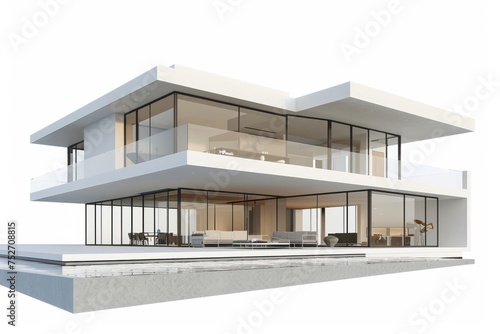 Contemporary beachfront mansion with a sleek exterior and spacious interior, offering unobstructed views of the sea from every room, on isolated white background, Generative AI © Box Milk