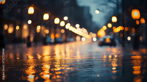 Rainy city street at night, bokeh lights background