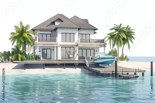 Luxury beachfront estate with a private dock and boathouse  offering direct access to the crystal-clear waters of the sea  on isolated white background  Generative AI