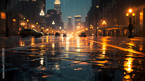 Rainy city street at night  bokeh lights background