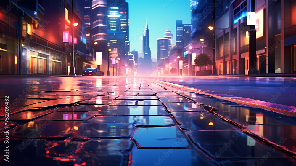 Obraz premium Rainy city street at night, bokeh lights background