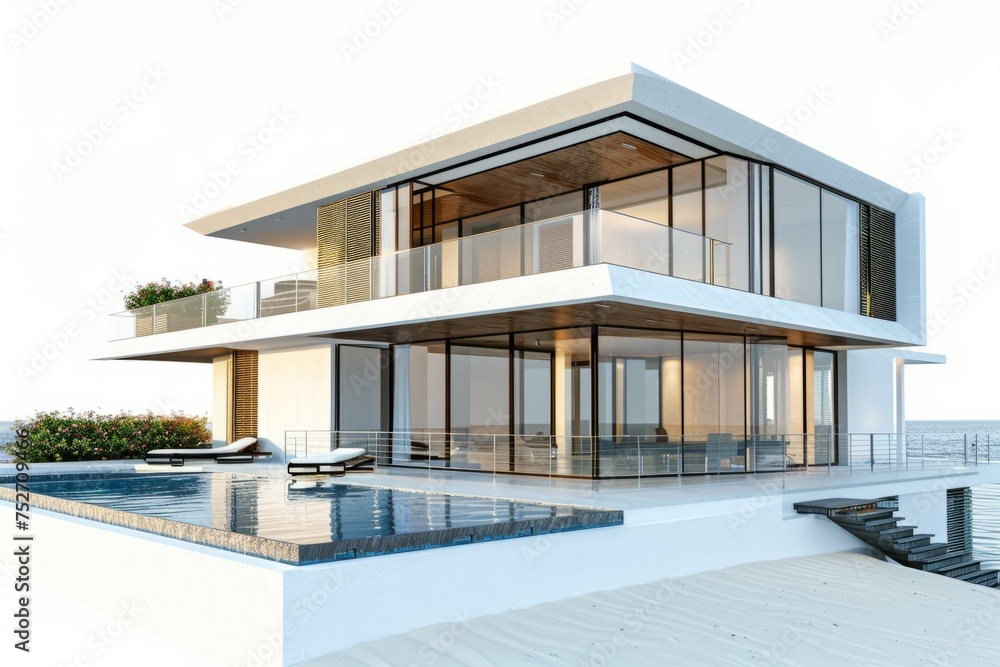 Modern beach house with a minimalist design and clean lines, allowing the natural beauty of the surroundings to take center stage, on isolated white background, Generative AI