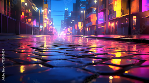 Rainy city street at night, bokeh lights background