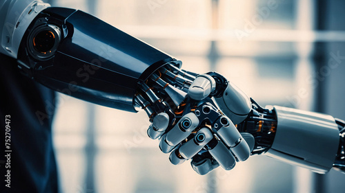 Handshake between human and robot in a research lab, working together for success Concept about tech innovation, machine learning progress and partnership with future Artificial Intelligence