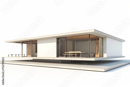 Modern beach house with a minimalist design and natural materials, blending seamlessly with the coastal landscape, on isolated white background, Generative AI © Box Milk
