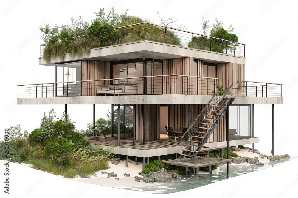 Sustainable beach house design with eco-friendly features and a focus on preserving the natural beauty of the coastline, on isolated white background, Generative AI Sustainable beach house design with eco-friendly features and a focus on preserving the natural beauty of the coastline, on isolated white background, Generative AI
